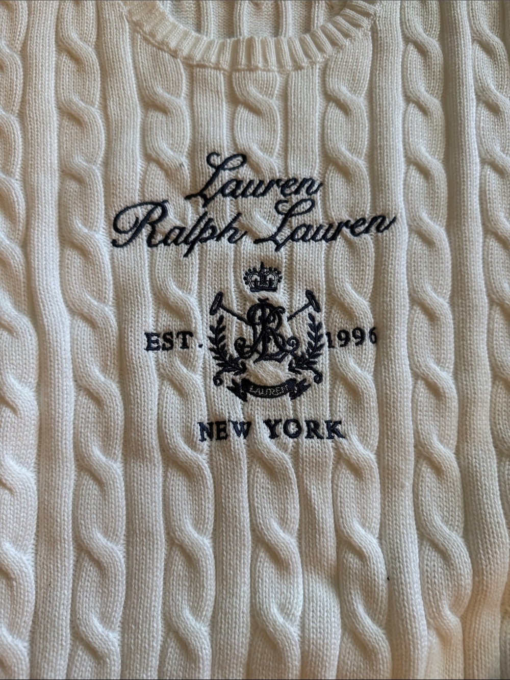 Lauren Ralph Lauren White Cable-Knit Crewneck Sweater with Navy Crest - Picture 2 of 4